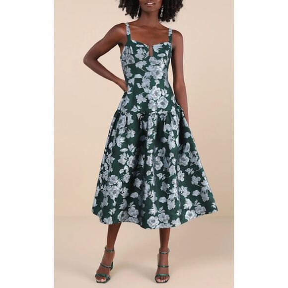 Lulus Emerald Floral Jacquard Drop Waist Major Flirtation Midi Dress Size Small - Picture 10 of 12